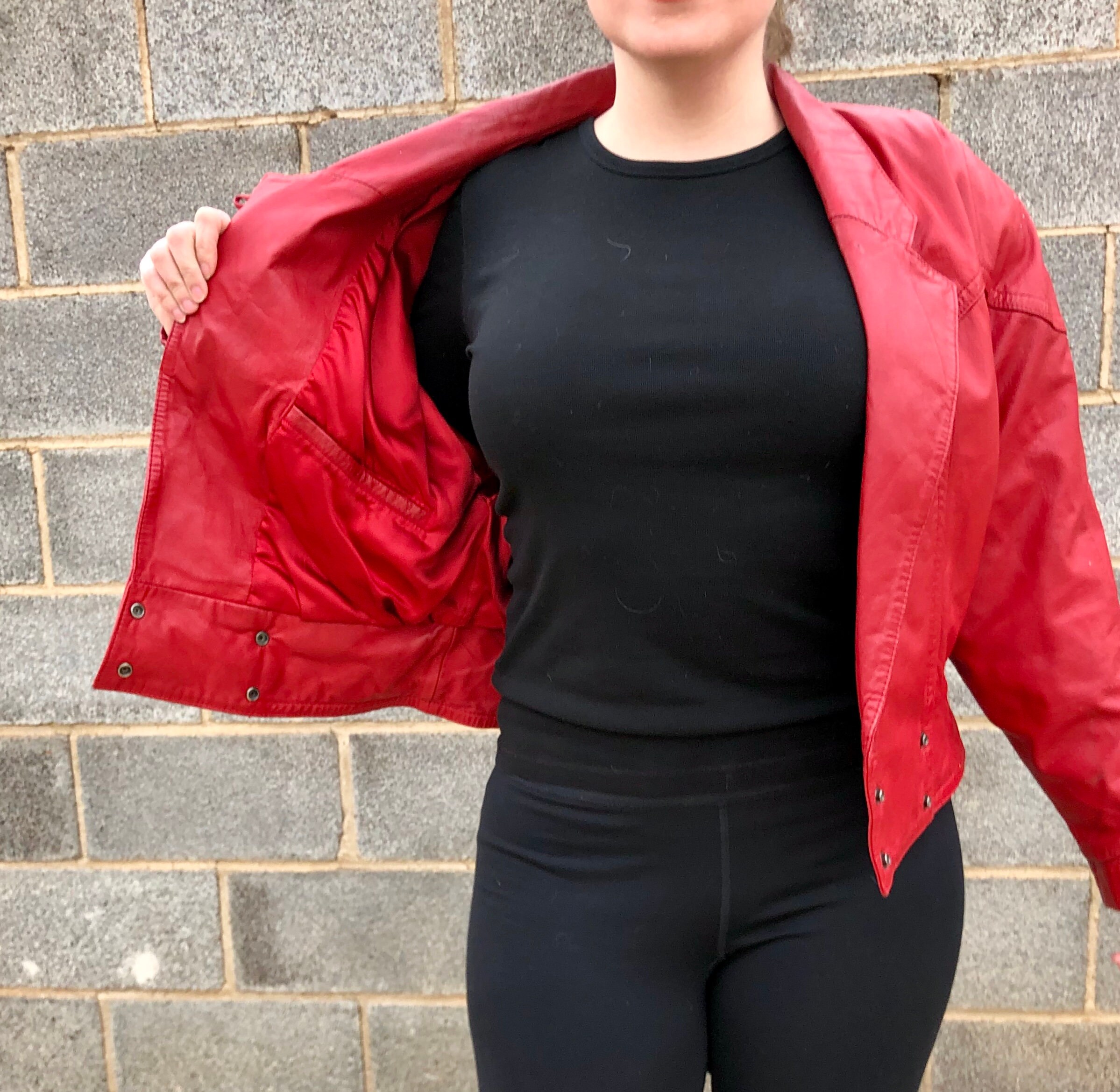 80s USA knit × leather dolman haori JKT Vintage 80s True Red Leather Dolman Biker Jacket - Pelle Cuir