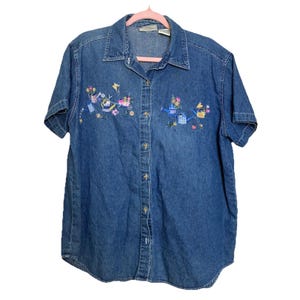 Vintage 90s Womens Large Denim Button Up Shirt Gardening Flowers Spring Summer