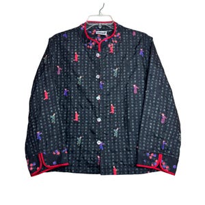Jaqueta acolchoada feminina Chico's Design dos anos 90, tamanho XL, preta, com estampa asiática e detalhes em vermelho, em seda.