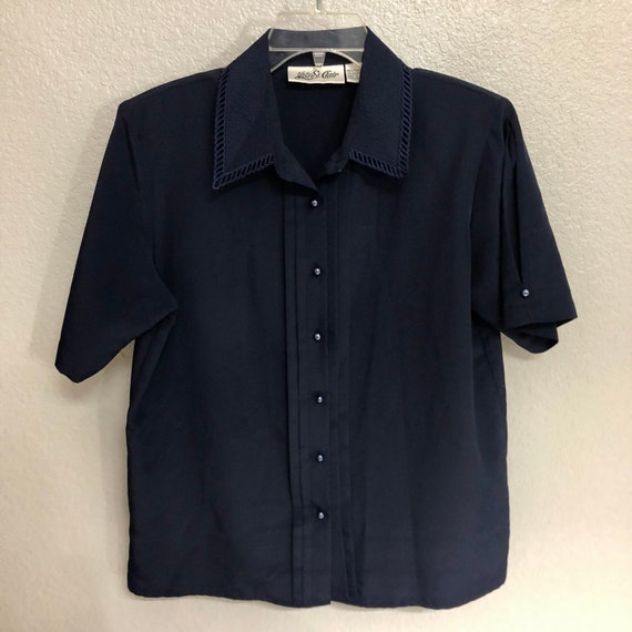 Sweet Silky 80s Navy Blue Button Down Blouse with… - image 2