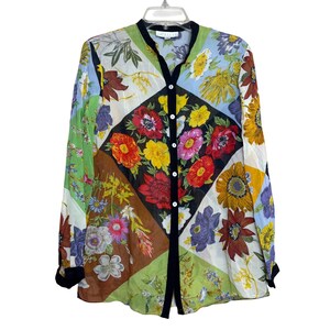 Vintage jaren 90 patchwork bloemenblouse doorschijnende knopentop dames kleine S Cottage Boho