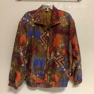 Amazing Fall Colored Oversized Vintage 80s Silk Windbreaker Jacket - Fuda International - Size Women&#39;s XL - 100% Silk