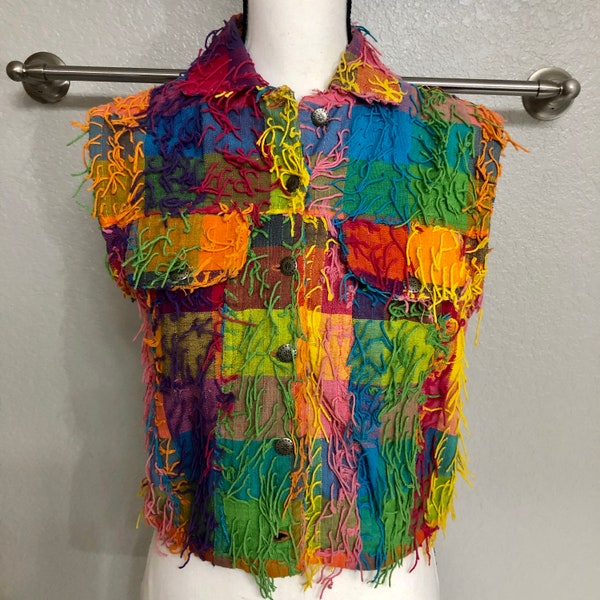 Unique Weird Colorful Vintage 80s String Fringe Blouse Shirt Square Checkered Pattern - Size Women's Medium (M) - Ana's Fashions - Bold Look