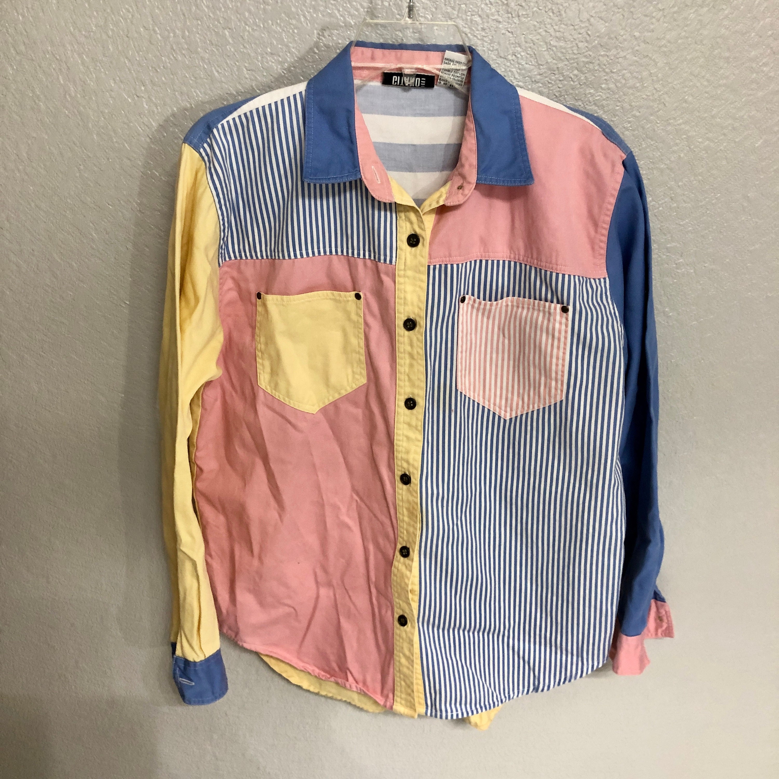 Quirky Pastel 90s Color Block and Stripes Long Sleeve Button