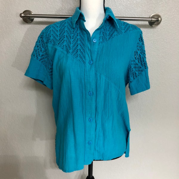 Fun 80s Vintage Peacock Blue Summer Holiday Vacation Short Sleeve Button Down Blouse - Size Women's Small (S) fit like Medium - Sea Suns
