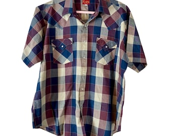 Ely Plains Western Shirt Plaid Short Sleeve Pearl Snap Front Mens XL Muted Tones