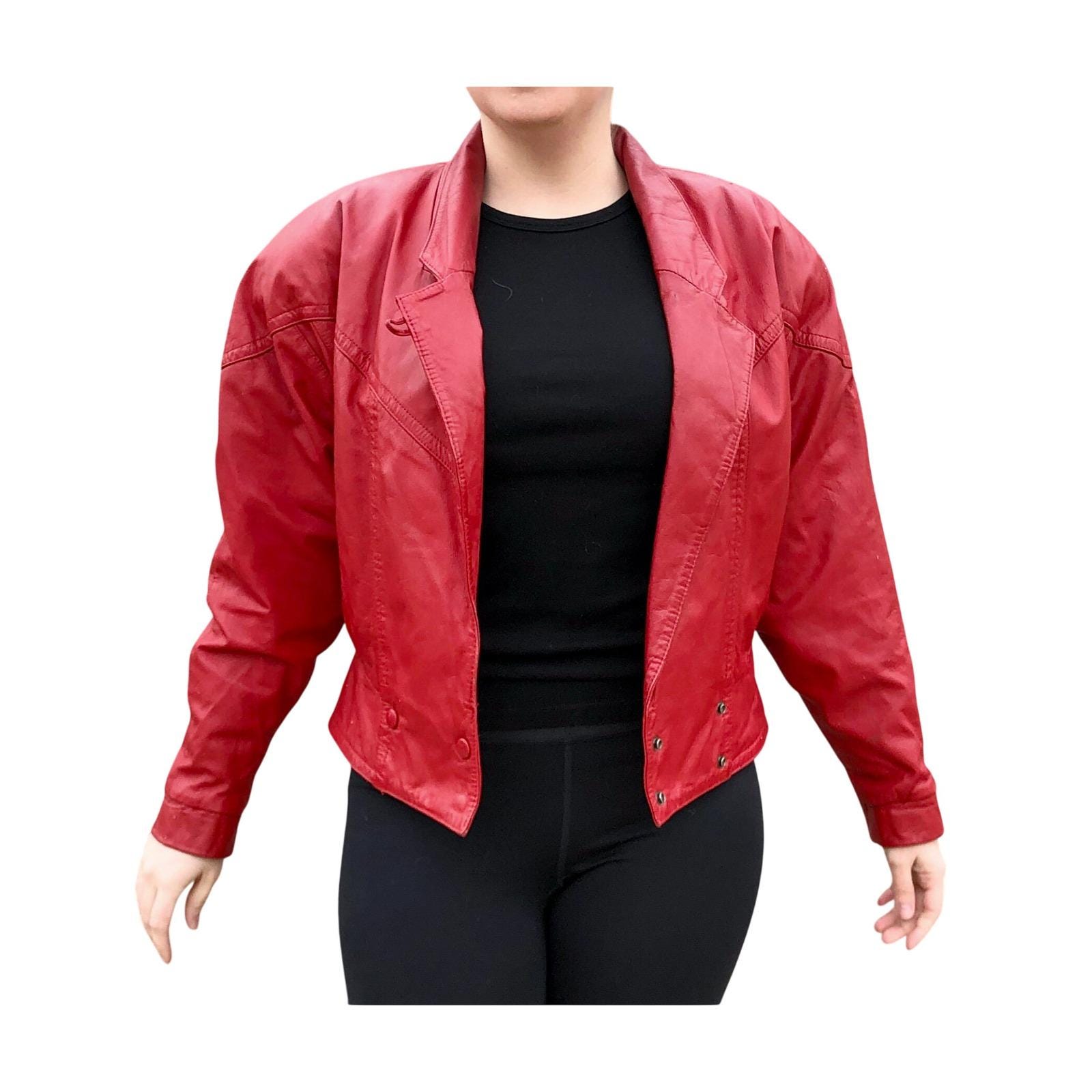 Pelle Cuir Leather Jacket Womens XS Red 80s Vintage Cropped Padded