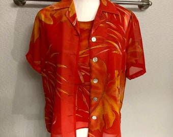 Cute 90s 2-Piece Blouse Set Orange, Red, Golden Yellow Tropical Shirt and Tank Top Birds of Paradise - Stonebridge Sport - Size Small (S)