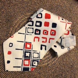 Vintage Geometric Necktie Red Navy Blue Squares Abstract Pattern 80s Wide Tie