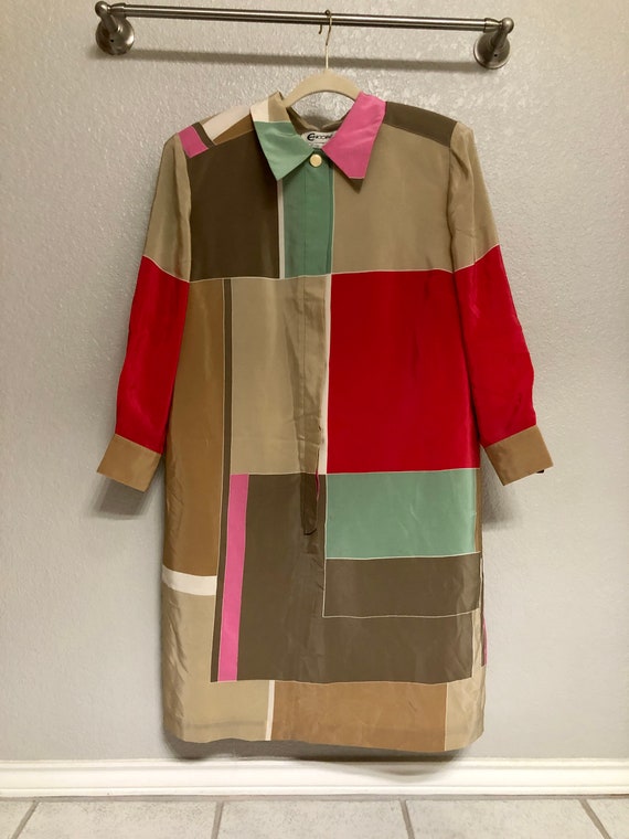 Vintage 1990s Minimalist Color Block Silk Shirtdr… - image 3