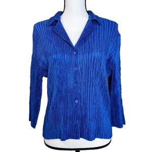 Analogy Top Blouse Blue Button Front 3/4 Sleeve Stretch Women&#39;s Petite Large y2k