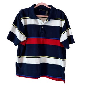 Highland Outfitters Golf Polo Men&#39;s Large Chunky Striped Vintage 90s Navy Red
