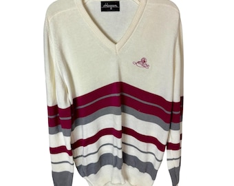 Cute Creamy Colored 90s Cotton Knit V-Neck Horizontal Striped Sweater Medium M