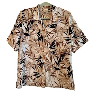 Blusa vintage Allison Daley para mujer, color marrón tostado, con estampado tropical de hojas de bambú