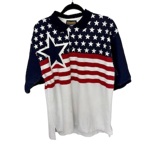 Patriottische golfpolo heren eind jaren 90 met 3 knopen en Amerikaanse vlag, slanke maat XL