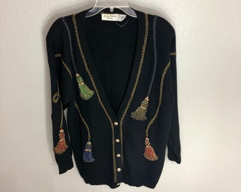 Stunning 80s Vintage Beaded Deep V-Neck Cardigan Sweater - Size Women's Large (L) - Marisa Christina - Angora Rabbit Hair & Lambswool Blend