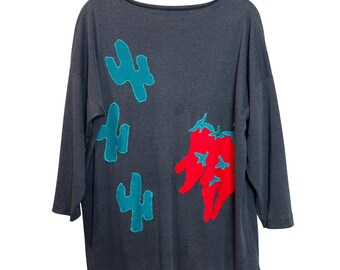 Southwestern Cactus Chili Pepper Tunika Konstnärlig 90-talsapplikation Grå Oversized L/XL