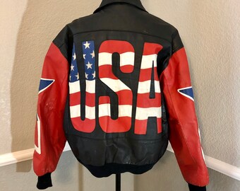 Super Patriotic Vintage USA Leather Bomber Jacket Michael Hoban Where M I Etsy