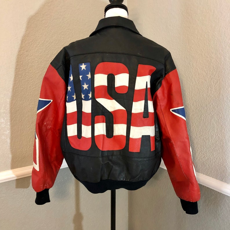 Super Patriotic Vintage USA Leather Bomber Jacket Michael Hoban Where M ...