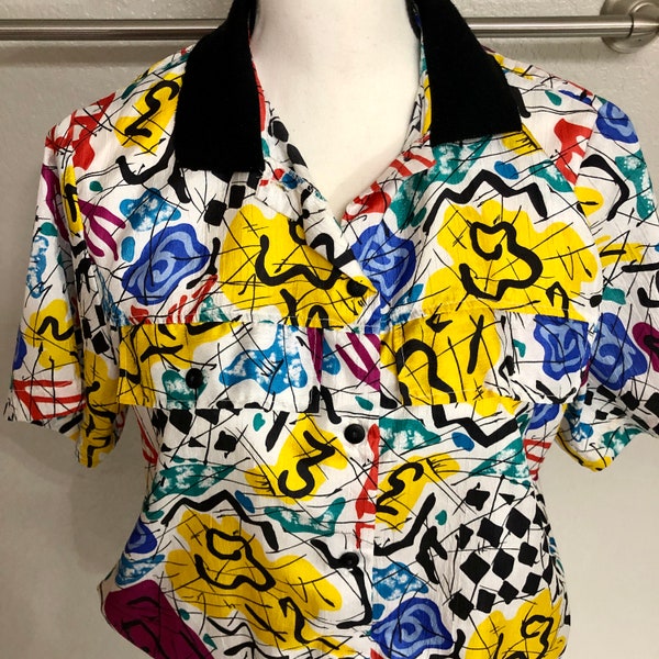 Super Funky and Bold Silky Short Sleeve Vintage 80s Blouse - Size Women's Small (S) - Lauren Lee - Crazy Colorful Abstract Pattern