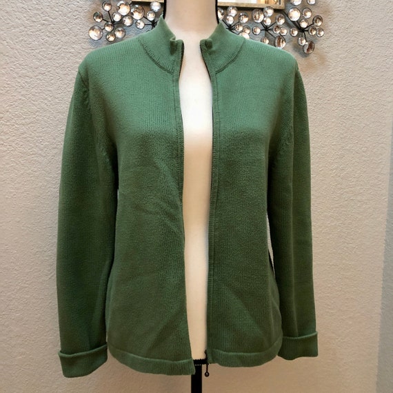 Vintage 90s Classic Pea Green Zip Up Sweater Jack… - image 1