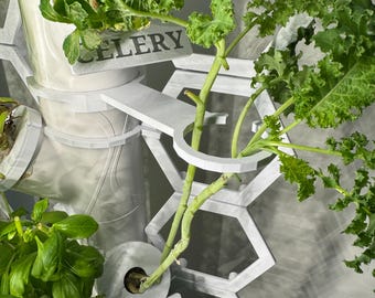 Peut inclure: Un système de jardinage hydroponique vertical avec des supports blancs et des contenants transparents. Le système présente diverses plantes, dont du céleri et du chou frisé, avec des étiquettes d'identification. La conception présente une structure en nid d'abeille pour le soutien et la croissance des plantes.