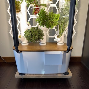 May include: A white and blue indoor hydroponic garden system with various herbs and plants. The system features a wooden top, a white honeycomb-patterned trellis, and a blue base. The plants are in white containers, and the system is on a wooden base.