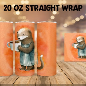 20 oz Sublimation Tumbler Wrap - Watercolor Sleepy Otter holding a Coffee