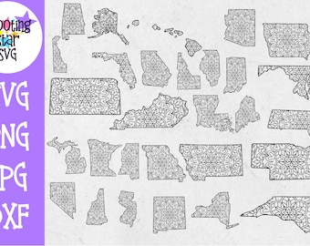 Op de afbeelding: Een digitale download in zwart-wit van alle 50 Amerikaanse staten met een mandala-ontwerp in elke staatsschets.