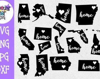 Puede incluir: Un conjunto de 14 archivos de corte SVG en blanco y negro que presentan diferentes contornos de estados con la palabra "home" y un corazón dentro de cada estado.