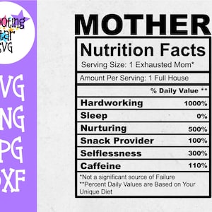 May include: A humorous nutrition facts label for mothers, with categories like "Hardworking", "Sleep", "Nurturing", "Snack Provider", "Selflessness", and "Caffeine". The label states that the serving size is "1 Exhausted Mom*" and the amount per serving is "1 Full House".