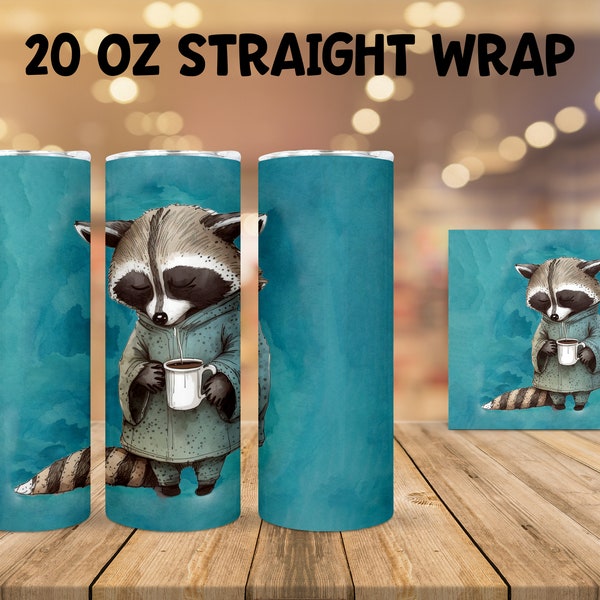 20 oz Sublimation Tumbler Wrap - Watercolor Sleepy Raccoon holding a Coffee