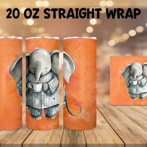 20 oz Sublimation Tumbler Wrap - Watercolor Sleepy Elephant holding a Coffee