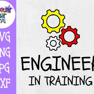 May include: A digital design featuring three yellow, red, and white gears with the text "Engineer in Training" in black.