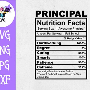 May include: A black and white nutrition facts label with the title "PRINCIPAL" and a list of qualities with their percentage daily value. The qualities listed are Hardworking, Regret, Caring, Smarts, Patience, and Caffeine. The label states that the serving size is 1 Awesome Principal and the amount per serving is 1 Full School.