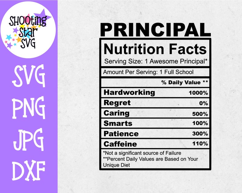May include: A black and white nutrition facts label with the title "PRINCIPAL" and a list of qualities with their percentage daily value. The qualities listed are Hardworking, Regret, Caring, Smarts, Patience, and Caffeine. The label states that the serving size is 1 Awesome Principal and the amount per serving is 1 Full School.