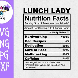 May include: A black and white nutrition facts label for a "Lunch Lady" with the text "Hardworking 1000%, Bad Recipes 0%, Dedication 500%, Love of Food 100%, Multi-tasking 300%, Caffeine 110%". The label states "Serving Size: 1 Awesome Lunch Lady*" and "Amount Per Serving: 1 Full Lunch Room".