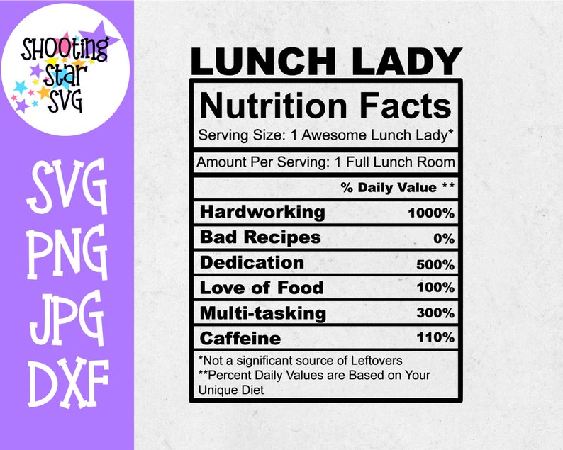 May include: A black and white nutrition facts label for a "Lunch Lady" with the text "Hardworking 1000%, Bad Recipes 0%, Dedication 500%, Love of Food 100%, Multi-tasking 300%, Caffeine 110%". The label states "Serving Size: 1 Awesome Lunch Lady*" and "Amount Per Serving: 1 Full Lunch Room".