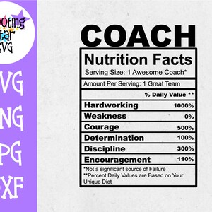 May include: A black and white graphic with the text "COACH" in large letters at the top. Below the text is a nutrition facts label with the text "Serving Size: 1 Awesome Coach*" and "Amount Per Serving: 1 Great Team". The label lists various qualities, such as "Hardworking", "Courage", and "Determination", with corresponding percentage values.