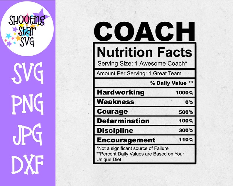 May include: A black and white graphic with the text "COACH" in large letters at the top. Below the text is a nutrition facts label with the text "Serving Size: 1 Awesome Coach*" and "Amount Per Serving: 1 Great Team". The label lists various qualities, such as "Hardworking", "Courage", and "Determination", with corresponding percentage values.