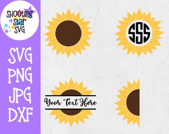 May include: Four different designs of a yellow sunflower with a brown center. The first sunflower is plain. The second sunflower has the letters SSS in the center. The third sunflower has the text "Your Text Here" in a black banner. The fourth sunflower is half of a sunflower.