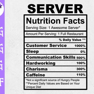 May include: A black and white nutrition facts label for a server. The label lists customer service, sleep, communication skills, hard work, charisma, and caffeine as nutrients. The label states that a server is a significant source of hungry people.