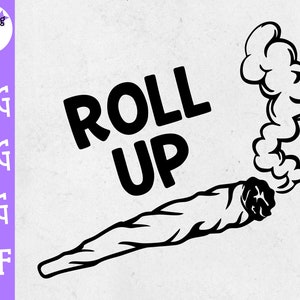 Op de afbeelding: Zwart-wit grafisch ontwerp van een gerolde joint met rook die uit het uiteinde komt. De tekst "ROLL UP" staat boven de joint.