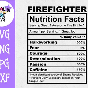 May include: A black and white graphic with the text "FIREFIGHTER" and "Nutrition Facts". The graphic is a parody of a nutrition label, listing "Hardworking", "Courage", "Determination", and "Caffeine" as nutrients with their respective daily values.