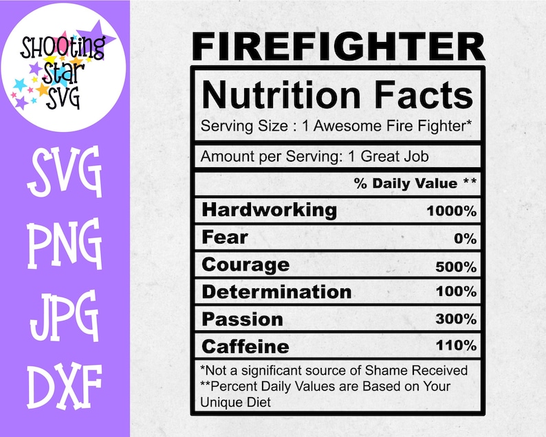 May include: A black and white graphic with the text "FIREFIGHTER" and "Nutrition Facts". The graphic is a parody of a nutrition label, listing "Hardworking", "Courage", "Determination", and "Caffeine" as nutrients with their respective daily values.