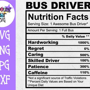 May include: A black and white graphic with the text "BUS DRIVER" and "Nutrition Facts". The graphic is a parody of a nutrition label, listing the daily value of "Hardworking", "Regret", "Caring", "Skilled Driver", "Patience", and "Caffeine".
