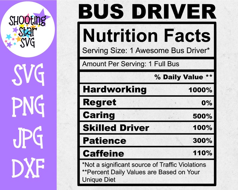 May include: A black and white graphic with the text "BUS DRIVER" and "Nutrition Facts". The graphic is a parody of a nutrition label, listing the daily value of "Hardworking", "Regret", "Caring", "Skilled Driver", "Patience", and "Caffeine".