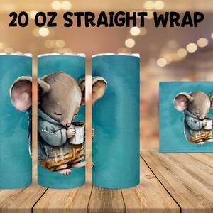 20 oz Sublimation Tumbler Wrap - Watercolor Sleepy Mouse holding a Coffee