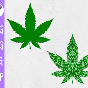 May include: Two green leaf designs, one a simple marijuana leaf and the other a more intricate mandala-style leaf.