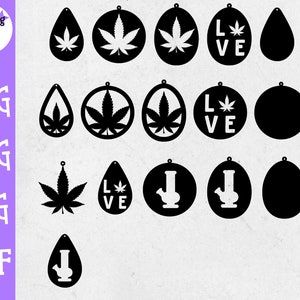 May include: A set of 12 black and white SVG cut files featuring various designs, including marijuana leaves, a bong, and the word "LOVE" with a marijuana leaf.